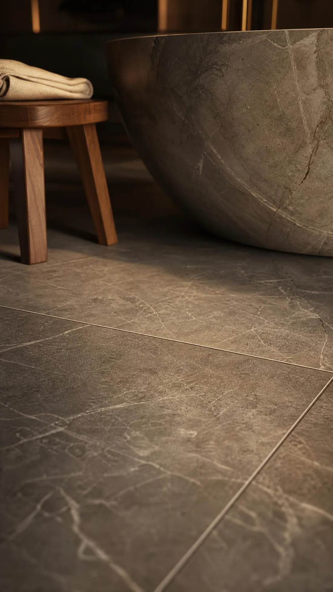 Detalle del porcelanato tibio gracias al sistema radiante Thermak